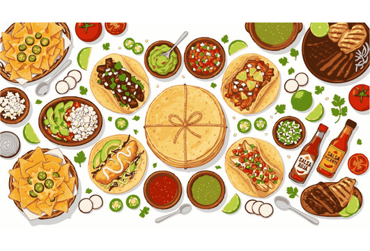 Premium Mexican cuisine vector arrangement with tortillas gourmet tacos nachos and festive food ingredients