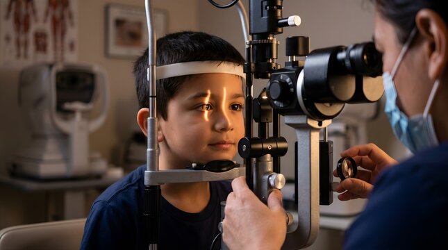  Calm young boy undergoing detailed slit-lamp eye examination with masked optometrist in modern pediatric eye clinic, checking vision, cornea and overall eye health for early detection and preve