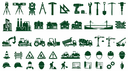 Construction industry icons: tools, heavy equipment, buildings, and safety © TRSTOCK