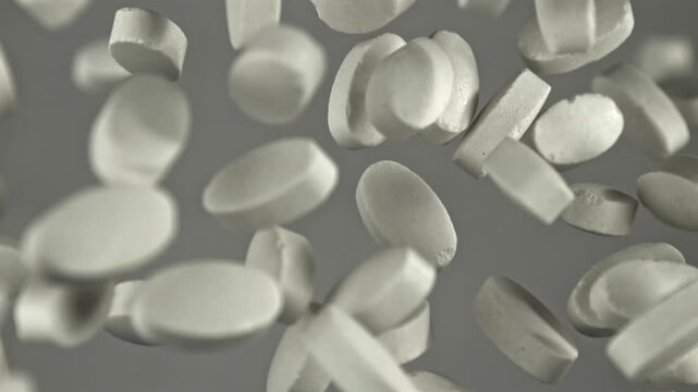 Monochrome white tablets swirling in grey. Clinical highkey footage Filmed on a high-speed camera at 1000 fps.