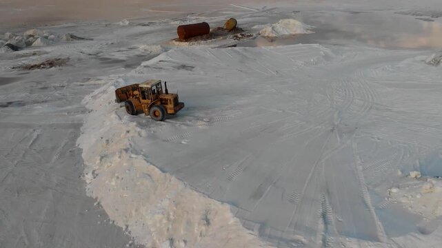 Yellow loader excavates salt pile on white flat under clear sky with other vehicles nearby creating active industrial harvesting scene ideal for mineral extraction and desert landscape stock video