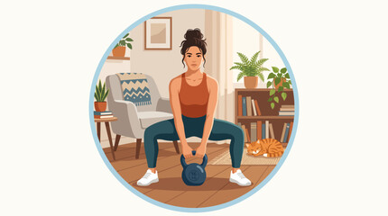 Fototapeta premium Woman Exercising at Home with Kettlebell Vector Illustration