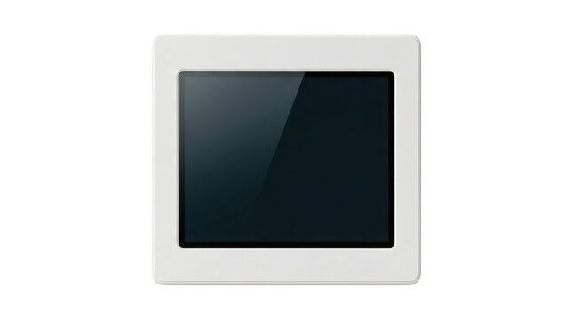 Minimalist white-framed touchscreen display with reflective surface for clean digital applications.
