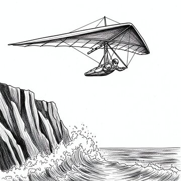 Hang glider pilot soars over crashing ocean waves and cliff edge in vintage illustration style.