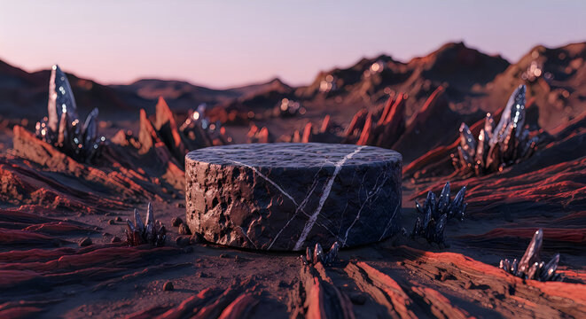 Rough stone podium on mars surface surrounded by jagged rocks and alien landscape with sci fi landscape platform background