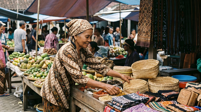 Indonesian Woman Selling Batik and Crafts at Traditional Market