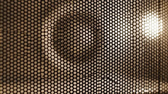 Closeup of a perforated metal surface with light reflections.
