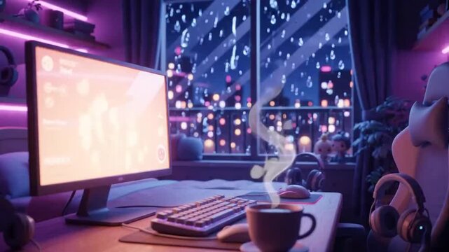 An inviting animated bedroom cartoon scene with a cozy cartoon room, featuring a computer setup and a warm cup