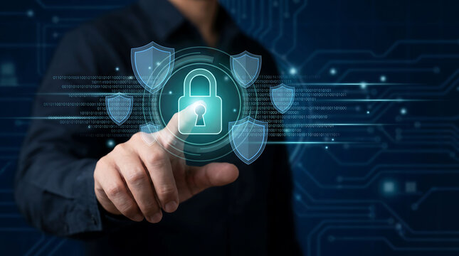 Cybersecurity and data protection concept a person touching a digital lock icon surrounded by shield symbols and binary code