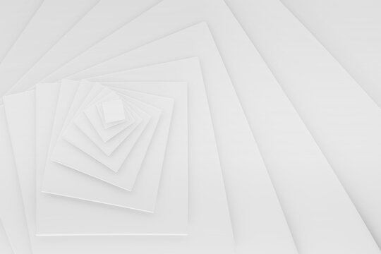 White squares nest endlessly in a recursive tunnel, creating soft depth, luminous. Abstract geometric background, spiral pattern. For modern app backgrounds, tech interfaces, minimalist websites.