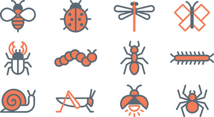 Insect and Bug Icon Collection Featuring Bee, Ladybug, Dragonfly, Ant, Caterpillar, Spider, Snail, and Nature Inspired Minimal Vector Symbols © MstSuborna