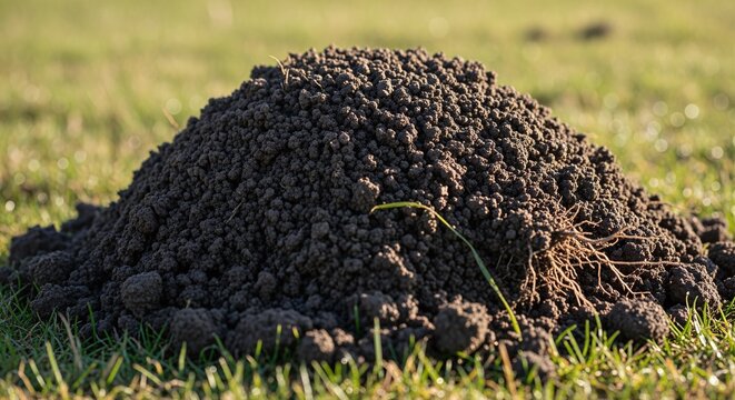Freshly dug molehill on a grassy lawn under bright daylight
