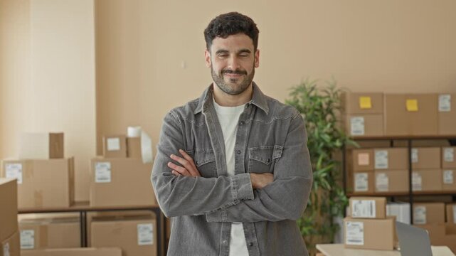 Man making ok sign with right hand among stacked shipping boxes and parcels in a small business packing room inside a building; confidence growth.