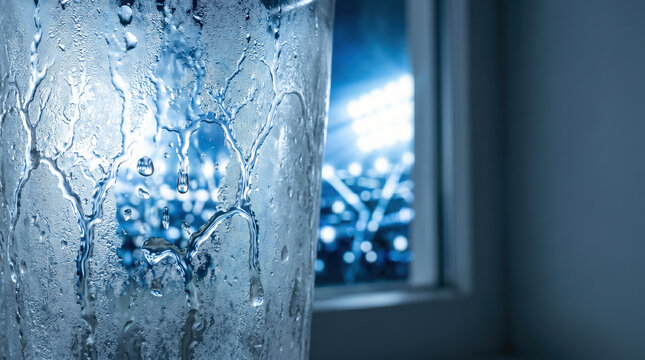 Artistic macro of ice crystals melting on a frozen glass with out-of-focus World Cup 2026 stadium floodlights background.