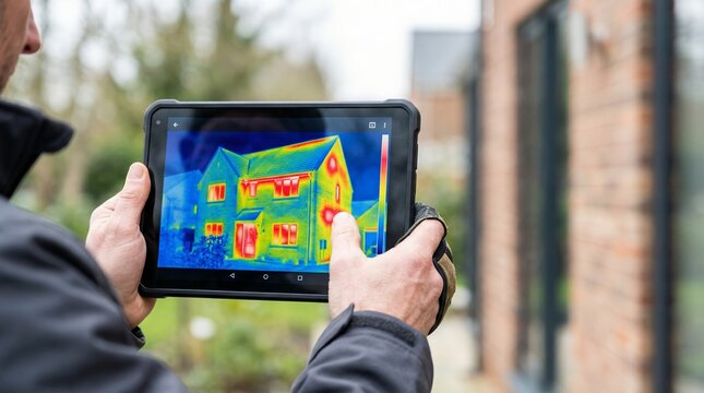 Person holding tablet displaying thermal image of house, revealing heat loss for energy efficiency inspection