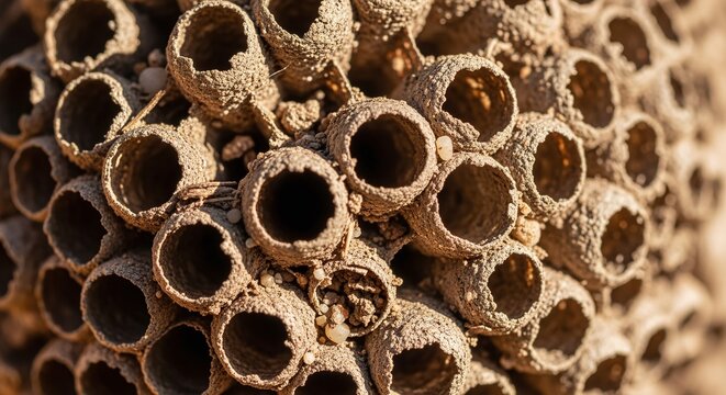 Intricate natural honeycomb structure with hexagonal cells, showing organic architecture and insect life.
