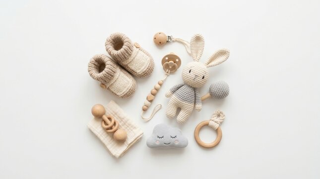 Baby Shower Flat Lay with Knitted Booties Crochet Bunny Toy Pacifier and Rattle on White
