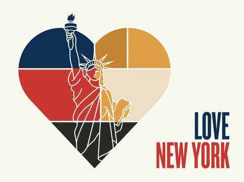 Love New York City Tourism Patriotic Poster with Liberty Statue in Colorblock Heart for Travel Souvenir and Promotional Design