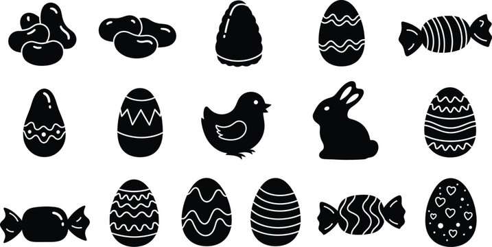 Set of black silhouette icons featuring easter eggs candies a cute bunny and a small baby chick