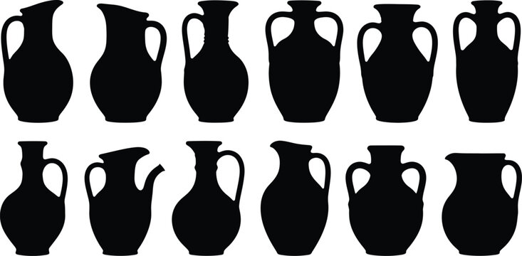 Set of black silhouettes of ancient ceramic jugs and clay vases in different shapes