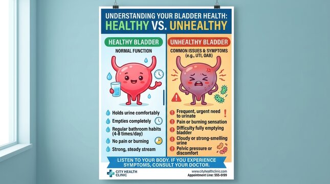 Educational poster illustrating healthy versus unhealthy bladder function and symptoms
