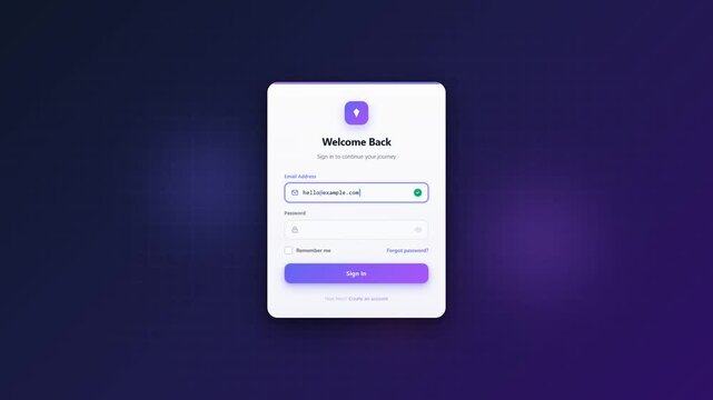 Animated login welcome screen with email and password input fields featuring purple gradient design and sign in button