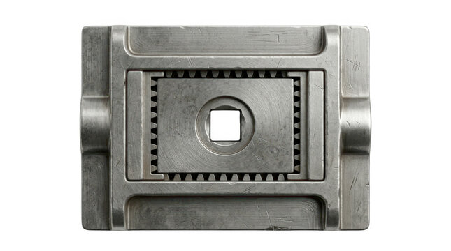 Metal firebox grate with square opening and textured sides on plain background.