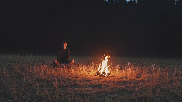Quiet night by fire, Contemplative scene near crackling campfire, Individual seated on grass with glowing flames at night, Person calmly rests beside small fire in peaceful rural landscape at night
