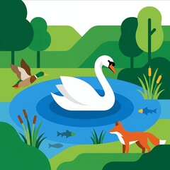 Naklejka premium Graceful Swan Duck Fox and Fish in a Serene Pond Landscape