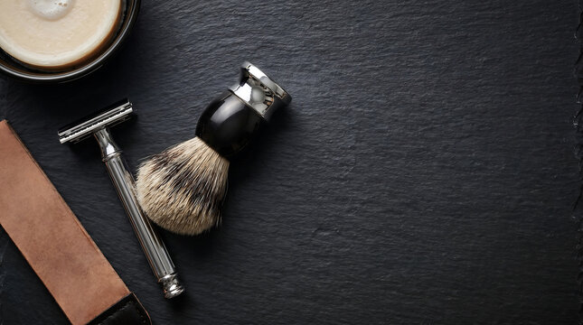 Traditional shaving kit with safety razor, shaving brush, leather strop and shaving soap on dark slate background