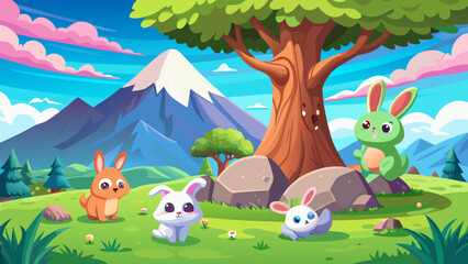 Obraz premium Whimsical Cartoon Bunnies Playing in Green Meadow by Snow Capped Mountain