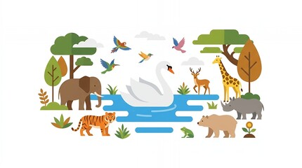 Obraz premium Diverse Wildlife and Nature Scene Flat Illustration