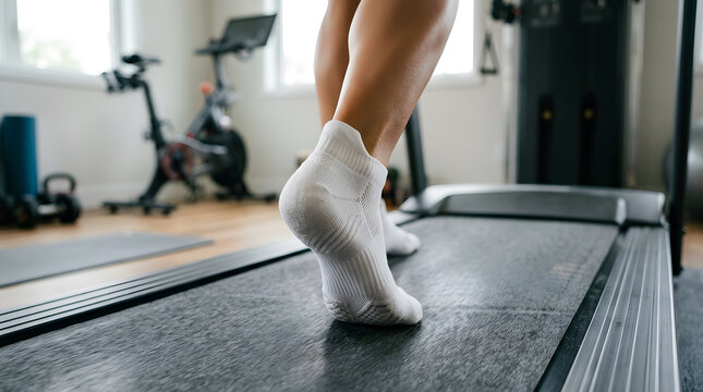 Close up of foot in white athletic compression sock walking on treadmill in home gym, fitness training, cardio workout and healthy lifestyle