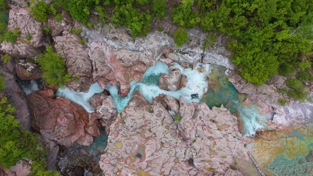 Top down view by drone in blue eye in Theth Albania