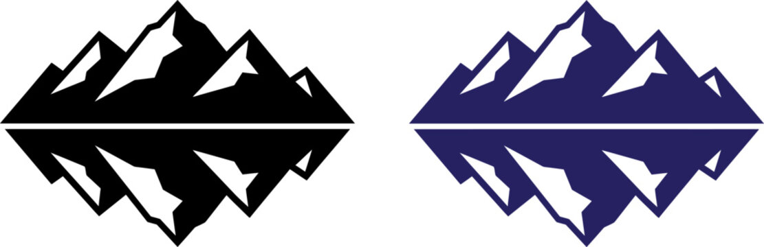Stylized mountain silhouette icons with mirrored reflections in black and blue colors