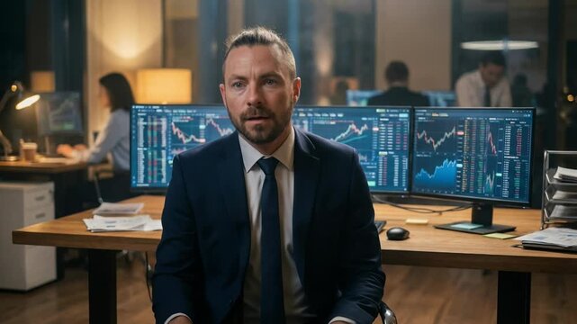  Exhausted Trader Slowly Rises From Chair and Leaves Office &mdash; Burnout and Emotional Depletion After Long Night at Trading Desk