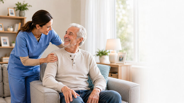 Cheerful nurse talking with senior man in living room at nursing home