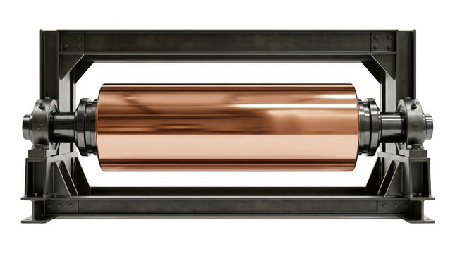 Industrial copper spool with mechanical mounting brackets on a dark background.