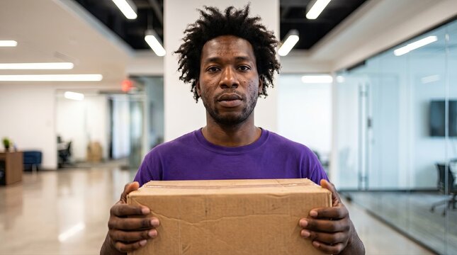 Delivery man holding cardboard box in modern office hallway looking seriously at camera ready for package.