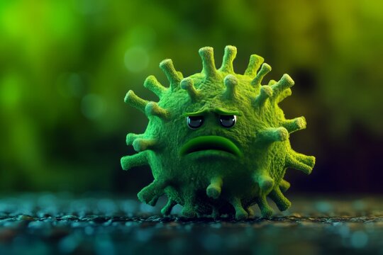 Green virus character with a sad expression on its face sits on a dark surface against a colorful background of blurred lights