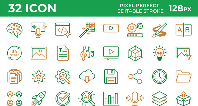 Creative Content Creation Icon Set With Editable Stroke Line Symbols For Artificial Intelligence Media And Digital Design