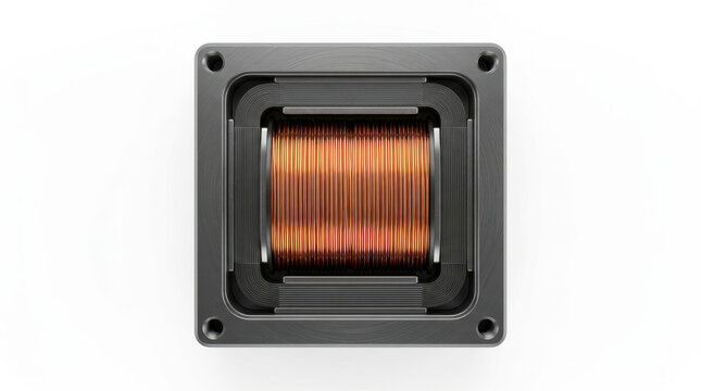 Close-up of a copper-colored inductor coil mounted in a black electronic housing unit.