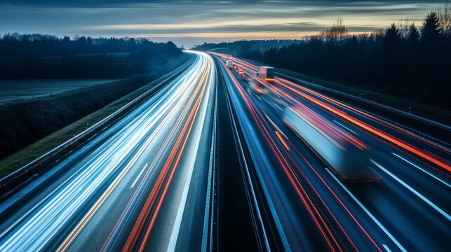 Light trails of cars moving on a highway at twilight near a forest and rural area