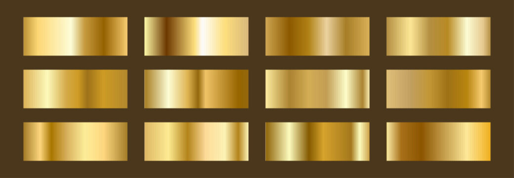 Premium Gold gradients. Copper Foil for metallic Palette and swatch degrade. Collection of shiny champagne and polished bronze backgrounds and borders. Vector illustration.