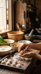 Fototapeta premium Hands Preparing Coconut Covered Sweet Balls on Wooden Tray in Traditional Kitchen Setting