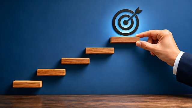Strategic business target achievement concept featuring ascending steps and focused leadership direction for organizational success and measurable professional growth