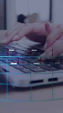 Vertical video: Woman typing keys, overlay appearing and tracking keys, updating finance labels