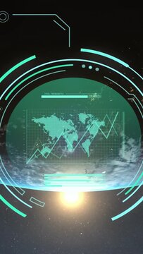 Vertical video: Teal HUD moving over Earth, sun flare sparking graphs and meters updating for data