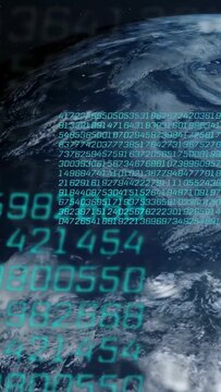 Vertical video: Earth orbiting after digits, cyan rows streaming, stacking into grid, showing data
