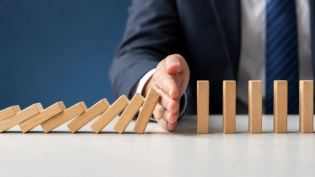 Business professional stopping falling wooden domino blocks representing risk management protection leadership strategy and corporate crisis prevention solutions for organizations